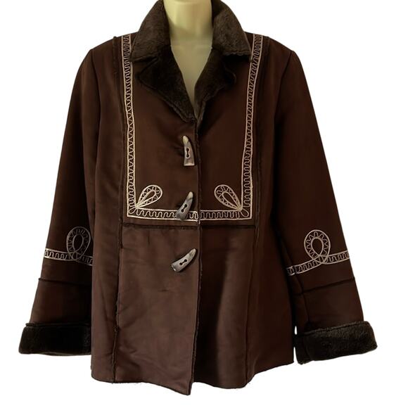 Appraisal Brown Faux Suede Faux Fur Jacket Fall Winter Coat Embroidered Cozy - Picture 1 of 11